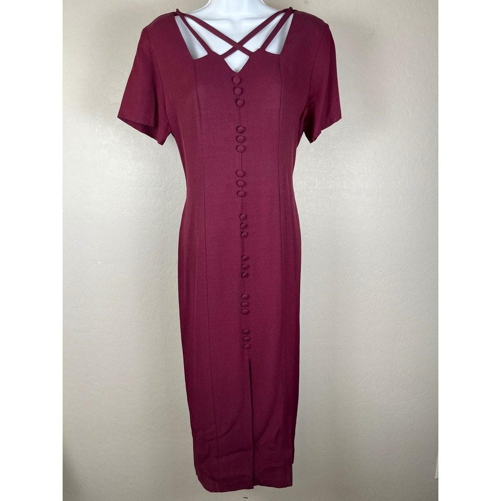 Dawn Joy Fashions Vintage Midi Dress Button‎ Front Criss Cross Neckline 11/12